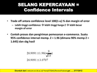 SELANG KEPERCAYAAN =
Confidence Intervals
• Trade off antara confidence level 100(1-) % dan margin of error
– Lebih tinggi confidence  lebih tinggi harga Z  lebih besar
margin of error
• Contoh proses dan pengiriman pemesanan e-commerce. Suatu
95% confidence interval memp. Z = 1.96 (dimana 90% memp Z =
1.645) dan sbg hasil
Diunduh dari: telecom.ee.itb.ac.id/~hend/ET6043/ReviewProbstat.ppt ….. 27/7/2012
 