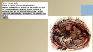 Tercer círculo (gula)
Donde se castiga a los condenados por el
pecado de la gula con la pena de ser batidos por una
fortísima lluvia mezclada con grueso granizo, y
ensordecidos por los terribles ladridos de Cerbero
(perro de tres cabezas), que además los desgarra con
uñas y
dientes.
 