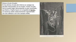 Octavo círculo (fraude)
En los últimos círculos del Infierno se castigan los
pecados relacionados con el fraude. A estos círculos
solo se puede llegar descendiendo un gran acantilado,
que Dante y Virgilio hacen en la espalda de Gerión,
un monstruo alado tradicionalmente representado
con tres cabezas o con tres cuerpos unidos.
 