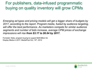 For publishers, data-infused programmatic
   buying on quality inventory will grow CPMs


Emerging ad types and pricing models will get a bigger share of budgets by
2017, according to the report. Program media, fueled by audience targeting,
will offer the best performance. As marketers compete for similar audience
segments and number of bids increase, average CPM prices of exchange
impressions will rise from $3.17 to $6.64 by 2017.
Forrester: Data, program buying to support $28 Billion for
Display Media in 2017, MediaPost Oct, 10th, 2012




   Google confidential
 