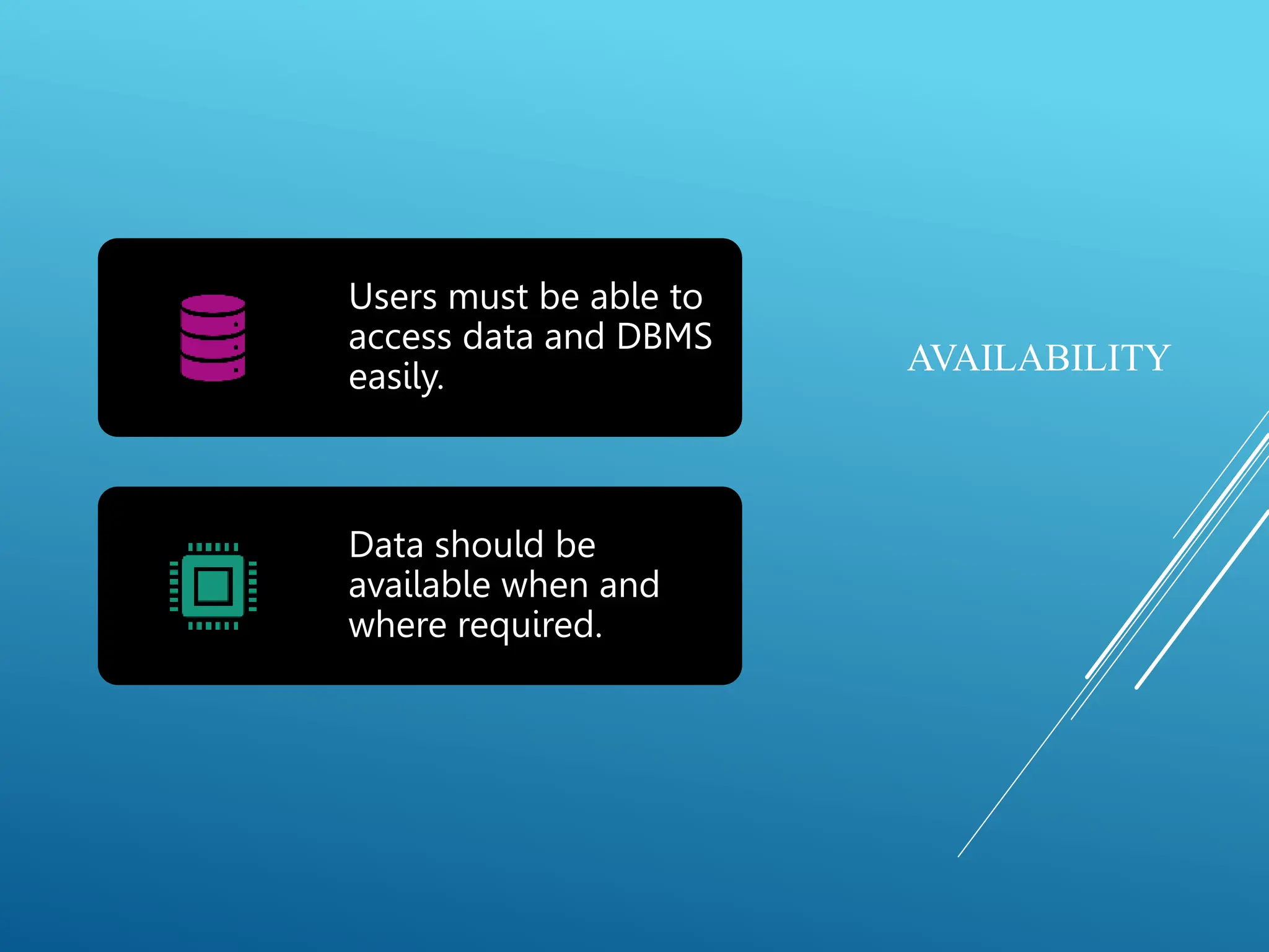 AVAILABILITY
Users must be able to
access data and DBMS
easily.
Data should be
available when and
where required.
 