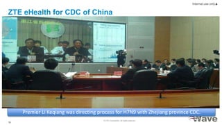 © ZTE Corporation. All rights reserved
18
Internal use only▲
ZTE eHealth for CDC of China
Minister of Health GaoQiang and CDC Director of United States praised the ZTE VCS.
The system has big
capacity: nearly 300
eHealth sites.
With MCU cascading
technology, it cover
all the provinces and
more big cities. And
it is the biggest
eHealth project in
2007 in China.
Premier Li Keqiang was directing process for epidemic situation after Lushan Earthquake.Premier Li Keqiang was directing process for H7N9 with Zhejiang province CDC.
 