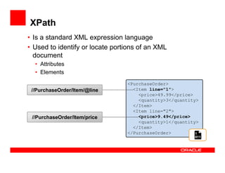 XPath
• Is a standard XML expression language
• Used to identify or locate portions of an XML
document
• Attributes
• Elements
<PurchaseOrder>
<Item line="1">
<price>49.99</price>
<quantity>3</quantity>
</Item>
<Item line="2">
<price>9.49</price>
<quantity>1</quantity>
</Item>
</PurchaseOrder> 1
011
//PurchaseOrder/Item/price
//PurchaseOrder/Item/@line
 