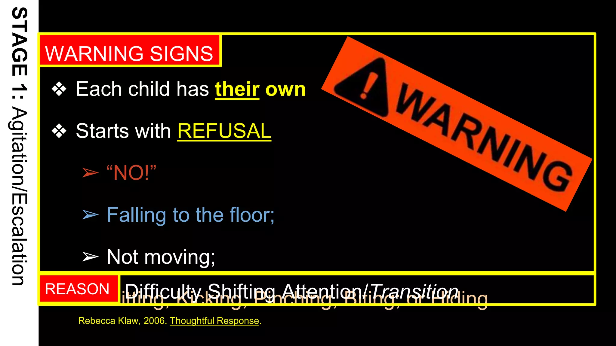 STAGE1:Agitation/Escalation
❖ Each child has their own
❖ Starts with REFUSAL
➢ “NO!”
➢ Falling to the floor;
➢ Not moving;
➢ Hitting, Kicking, Pinching, Biting; or Hiding
13
WARNING SIGNS
REASON Difficulty Shifting Attention/Transition
Rebecca Klaw, 2006. Thoughtful Response.
 