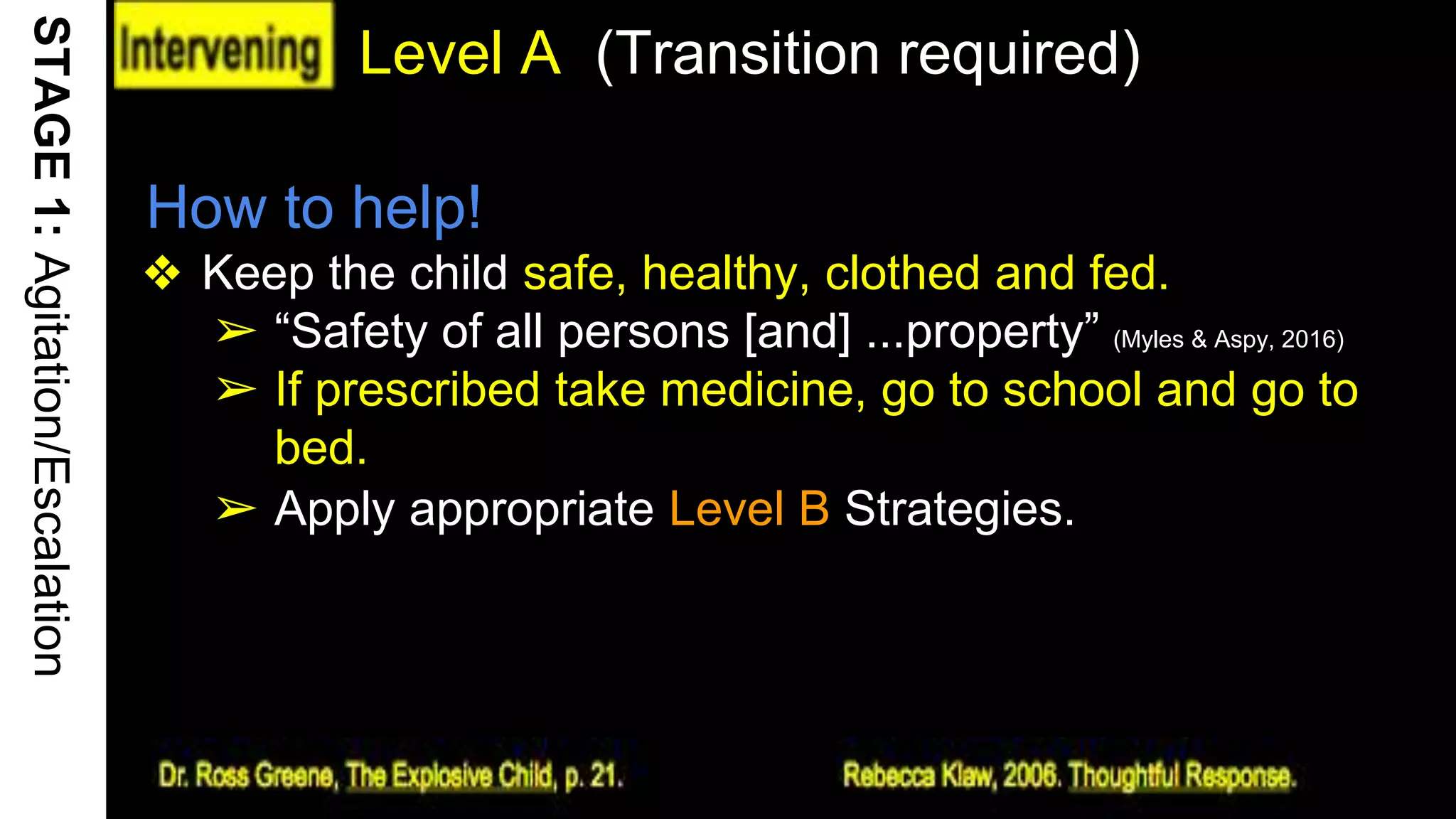 Level A (Transition required)
19
STAGE1:Agitation/Escalation
How to help!
❖ Keep the child safe, healthy, clothed and fed.
➢ “Safety of all persons [and] ...property” (Myles & Aspy, 2016)
➢ If prescribed take medicine, go to school and go to
bed.
➢ Apply appropriate Level B Strategies.
 