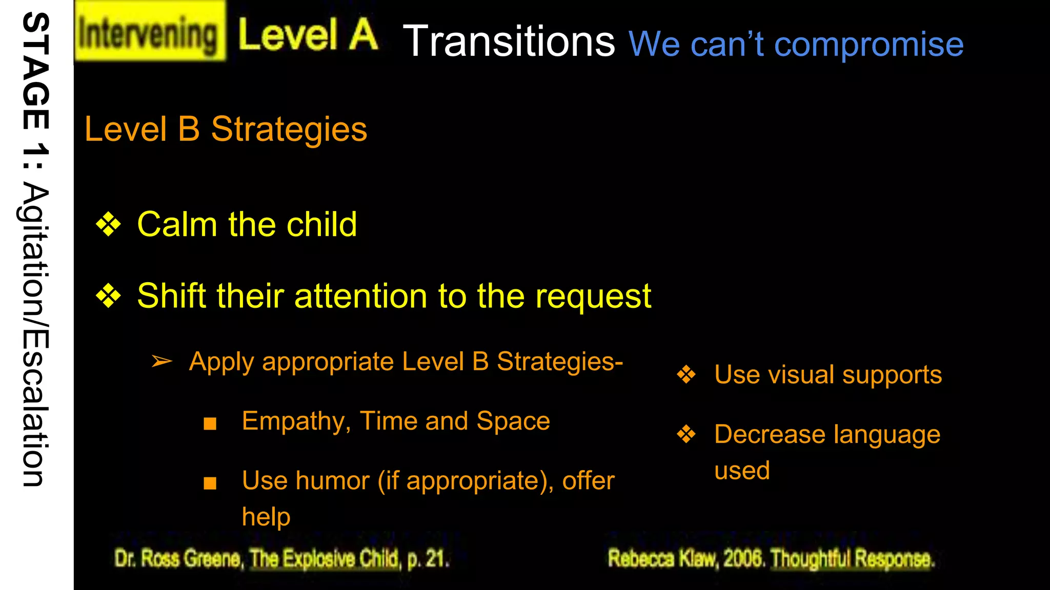 Transitions We can’t compromise
Level B Strategies
❖ Calm the child
❖ Shift their attention to the request
➢ Apply appropriate Level B Strategies-
■ Empathy, Time and Space
■ Use humor (if appropriate), offer
help
20
STAGE1:Agitation/Escalation
❖ Use visual supports
❖ Decrease language
used
 
