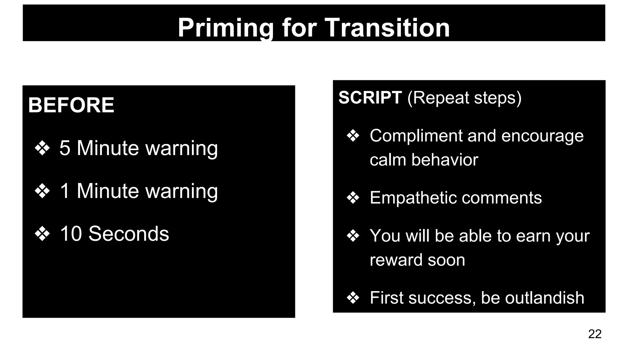 Priming for Transition
BEFORE
❖ 5 Minute warning
❖ 1 Minute warning
❖ 10 Seconds
SCRIPT (Repeat steps)
❖ Compliment and encourage
calm behavior
❖ Empathetic comments
❖ You will be able to earn your
reward soon
❖ First success, be outlandish
with praise/immediate reward
22
 