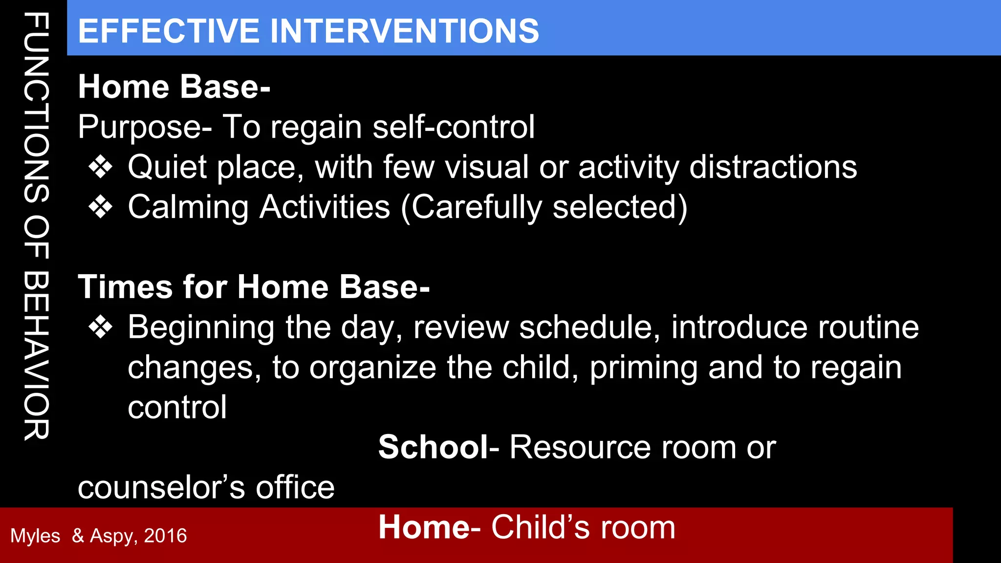 31
EFFECTIVE INTERVENTIONS
Myles & Aspy, 2016
Home Base-
Purpose- To regain self-control
❖ Quiet place, with few visual or activity distractions
❖ Calming Activities (Carefully selected)
Times for Home Base-
❖ Beginning the day, review schedule, introduce routine
changes, to organize the child, priming and to regain
control
School- Resource room or
counselor’s office
Home- Child’s room
 