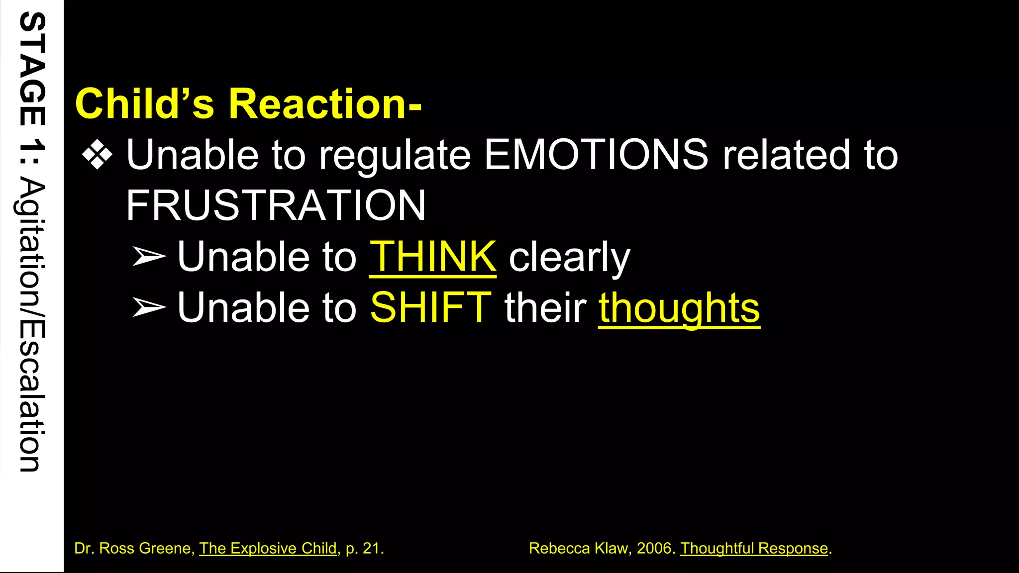 Child’s Reaction-
❖ Unable to regulate EMOTIONS related to
FRUSTRATION
➢Unable to THINK clearly
➢Unable to SHIFT their thoughts
5Dr. Ross Greene, The Explosive Child, p. 21. Rebecca Klaw, 2006. Thoughtful Response.
 