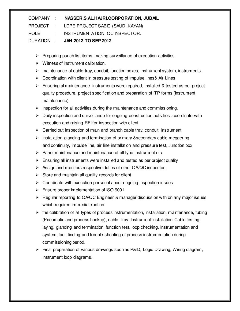 INSTRUMENT QA QC INSPECTOR