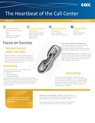 The Heartbeat of the Call Center
Making the Plan
Minimize transfer, wrap and
hold
Goals:
Min/FTE (6113 Budgeted)
AHT (408 AS, 662 TS)
Improve Customer
Experience
Meet Service Level targets
Minimize abandon rates
Goals: SL 80%
Abandon <5%
Drive Performance
Excellence
Reduce Call In Rate
Goal: in queue transfers <1%
Building for the
Future
Vendor Marketplace
Focus on eNPS
Focus on Success We are linked together in this department.
Dependent on each other’s success to build our
own. Each section has its own area of
responsibility, giving the department a big picture
view of how to exceed Sam the customer’s needs.
Focus on Success goals show how integral our team
is to Cox’ success. Our cohesiveness directly impacts
the success of the enterprise to meet our customers
needs. There is a direct correlation between our
input and eNPS as well as NPS.
Ultimately our success hinges on others. Care Operations, our
Care partners, and our Leadership team; together we are a chain
bound together, creating the best atmosphere possible.
The privilege to serve our customers comes with responsibility.
This responsibility mandates the chain remains unbroken.
“The weakest link in the chain is
also the strongest. It can break
the chain.”
- Stanislaw Jerzy Lec
July 2015 Call Center Operations
Call Center Operations
Mission Control
(EMC and LMC)
Forecasting
External customers depend on us to provide strong
service levels and low abandon rates. Forecasting allows
us to look ahead and make sure we are making the right
choices with vendors and bringing light to the impact of
high AHT and low headcounts. With Forecasting, we
are preparing for the future.
Scheduling
Internal customers rely on us to provide a work
environment that keeps them:
A. Informed
B. Receiving feedback
C. Utilizing opportunities
Each of these are crucial for us to manage. They create a
healthy environment for the company to flourish as a whole
and continue excelling at our goals. Scheduling is able to
balance our external customers needs with out internal
customers needs.
Mission Control has the real time balancing act to
respond to current needs. Whether its allowing for
training, touch points with the sites and vendors or
creating a real time presence during an outage, all
Mission Control teams are there.
 