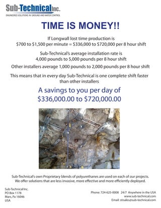 TIME IS MONEY!!
If Longwall lost time production is
$700 to $1,500 per minute = $336,000 to $720,000 per 8 hour shift
Sub-Technical’s average installation rate is
4,000 pounds to 5,000 pounds per 8 hour shift
Other installers average 1,000 pounds to 2,000 pounds per 8 hour shift
This means that in every day Sub-Technical is one complete shift faster
than other installers
Sub-Technical’s own Proprietary blends of polyurethanes are used on each of our projects.
We offer solutions that are less invasive, more effective and more efficiently deployed.
A savings to you per day of
$336,000.00 to $720,000.00
Sub-Technical Inc.
PO Box 1178
Mars, Pa 16046
USA
Phone: 724-625-0008 24/7 Anywhere in the USA
www.sub-technical.com
Email: stisales@sub-technical.com
 