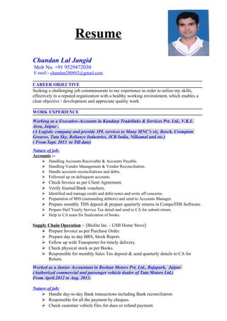 Chandan Lal Jangid
Mob No. +91 9529472030
E-mail:- chandan200892@gmail.com
CAREER OBJECTIVE
Seeking a challenging job commensurate to my experience in order to utilize my skills,
effectively in a reputed organization with a healthy working environment, which enables a
clear objective / development and appreciate quality work.
WORK EXPERIENCE
Working as a Executive-Accounts in Kandarp Tradelinks & Services Pvt. Ltd., V.K.I.
Area, Jaipur .
(A Logistic company and provide 3PL services to Many MNC’s viz. Bosch, Crompton
Greaves, Tata Sky, Reliance Industries, JCB India, Nilkamal and etc.)
( From Sept. 2013 to Till date)
Nature of job:
Accounts :-
 Handling Accounts Receivable & Accounts Payable.
 Handling Vendor Management & Vendor Reconciliation.
 Handle accounts reconciliations and debts.
 Followed up on delinquent accounts.
 Check Invoice as per Client Agreement.
 Verify Journal/Bank vouchers.
 Identified and manage credit and debit notes and write off concerns.
 Preparation of MIS (outstanding debtors) and send to Accounts Manager.
 Prepare monthly TDS deposit & prepare quarterly returns in CompuTDS Software.
 Prepare Half Yearly Service Tax detail and send to CA for submit return.
 Help to CA team for finalization of books.
Supply Chain Operation :- [Biolite Inc. - USB Home Stove]
 Prepare Invoice as per Purchase Order.
 Prepare day to day BRS, Stock Report.
 Follow up with Transporter for timely delivery.
 Check physical stock as per Books.
 Responsible for monthly Sales Tax deposit & send quarterly details to CA for
Return.
Worked as a Junior Accountant in Roshan Motors Pvt. Ltd., Rajapark, Jaipur
(Authorized commercial and passenger vehicle dealer of Tata Motors Ltd.)
From April.2012 to Aug. 2013.
Nature of job:
 Handle day-to-day Bank transactions including Bank reconciliation
 Responsible for all the payment by cheques.
 Check customer vehicle files for dues or refund payment.
Resume
 