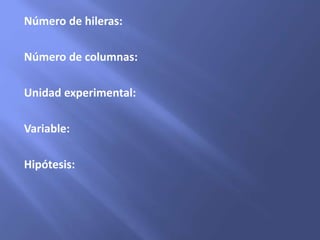 Número de hileras:
Número de columnas:
Unidad experimental:
Variable:
Hipótesis:
 