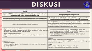 KASUS TEORI
Ny. S usia 53 Tahun datang ke RSUD Syekh Yusuf dengan keluhan bercak
yang gatal pada kedua tangan dan telapak kaki
Sering terjadi pada usia produktif
Gatal dirasakan sepanjang hari dan bertambah berat ketika berkeringat
Pruritus bertambah ketika kondisi tubuh lebih hangat dan lembab
karena kondisi tersebut mendukung pertumbuhan dermatofita
Pasien memiliki kebiasaan mandi 1 kali sehari
Inda dkk. (2020) bahwa terdapat hubungan yang signifikan antara
mandi sekali sehari dengan mandi 2 kali sehari dimana 75% pasien tinea
memiliki kebiasaan mandi sekali sehari dan
15% sisanya memiliki kebiasaan mandi 2 kali sehari.
Regio: extremitas superior bilateral
Effloresensi: makula hiperpigmentasi difus berukuran miliar sampai
lentikular, terdapat papul dan skuama halus
Regio: plantar pedis bilateral
Effloresensi: maserasi dengan dasar eritem, terdapat vesikel & skuama
halus
Tinea corporis: bulat atau lonjong, berbatas tegas terdiri atas
eritema, skuama, kadang kadang dengan vesikel, papul, dan nodul
di tepi daerah tengahnya biasanya lebih tenang.
vesiko-pustul sampai bula . Setelah pecah , vesikel tersebut
meninggalkan koleret.
Tata laksana:
cetirizine 10 mg 1x1
lotion mengandung asam salisilat 3%, asam benzoat 6%, mikonazol 2% cr 10
gr oles pagi dan sore.
Sistemik
Pilihan utama : terbinafine oral 1x250 mg/hari
Alternatif :intrakonazole 2x100 mg/hari ketoconazole 200 mg/hari,
Griseofulvin 500 mg/hari,
Topikal
Pilihan utama : terbinafin atau butenafin sekali sehari
Alternatif : mikonazole, ketoconazole, klotrimazole 2x1
 