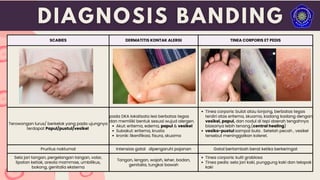 SCABIES DERMATITIS KONTAK ALERGI TINEA CORPORIS ET PEDIS
Terowongan lurus/ berkelok yang pada ujungnya
terdapat Papul/pustul/vesikel
pada DKA lokalisata lesi berbatas tegas
dan memiliki bentuk sesuai wujud alergen.
Akut: eritema, edema, papul & vesikel
Subakut: eritema, krusta
kronik: likenifikasi, fisura, skuama
Tinea corporis: bulat atau lonjong, berbatas tegas
terdiri atas eritema, skuama, kadang kadang dengan
vesikel, papul, dan nodul di tepi daerah tengahnya
biasanya lebih tenang.(central healing)
vesiko-pustul sampai bula . Setelah pecah , vesikel
tersebut meninggalkan koleret.
Pruritus nokturnal Intensias gatal dipengaruhi pajanan Gatal bertambah berat ketika berkeringat
Sela jari tangan, pergelangan tangan, volar,
lipatan ketiak, areola mammae, umbilikus,
bokong, genitalia eksterna
Tangan, lengan, wajah, leher, badan,
genitalia, tungkai bawah
Tinea corporis: kulit grablosa
Tinea pedis: sela jari kaki, punggung kaki dan telapak
kaki
 