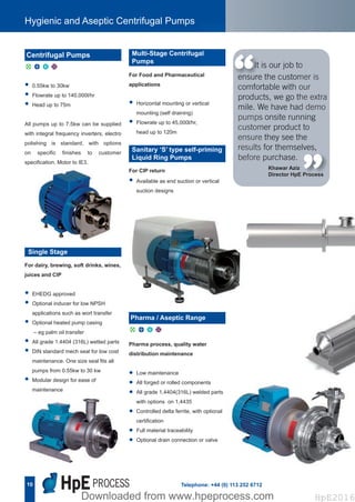 10
Hygienic and Aseptic Centrifugal Pumps
Telephone: +44 (0) 113 252 6712
• 0.55kw to 30kw
• Flowrate up to 140,000l/hr
• Head up to 75m
All pumps up to 7.5kw can be supplied
with integral frequency inverters, electro
polishing is standard, with options
on specific finishes to customer
specification. Motor to IE3.
For Food and Pharmaceutical
applications
• Horizontal mounting or vertical
mounting (self draining)
• Flowrate up to 45,000l/hr,
head up to 120m
Multi-Stage Centrifugal
Pumps
For CIP return
• Available as end suction or vertical
suction designs
Sanitary ‘S’ type self-priming
Liquid Ring Pumps
It is our job to
ensure the customer is
comfortable with our
products, we go the extra
mile. We have had demo
pumps onsite running
customer product to
ensure they see the
results for themselves,
before purchase.
“
“
For dairy, brewing, soft drinks, wines,
juices and CIP
• EHEDG approved
• Optional inducer for low NPSH
applications such as wort transfer
• Optional heated pump casing
– eg palm oil transfer
• All grade 1.4404 (316L) wetted parts
• DIN standard mech seal for low cost
maintenance. One size seal fits all
pumps from 0.55kw to 30 kw
• Modular design for ease of
maintenance
Single Stage
Khawar Aziz
Director HpE Process
Pharma process, quality water
distribution maintenance
• Low maintenance
• All forged or rolled components
• All grade 1,4404(316L) welded parts
with options on 1,4435
• Controlled delta ferrite, with optional
certification
• Full material traceability
• Optional drain connection or valve
d u x C
Centrifugal Pumps
d u x C
Pharma / Aseptic Range
Hpe Corporate Brochure 2016_HpE Corporate A4 Brochure_Layout 17/10/2016 15:32 Page 12
HpE2016Downloaded from www.hpeprocess.comDownloaded from www.hpeprocess.com HpE2016
 