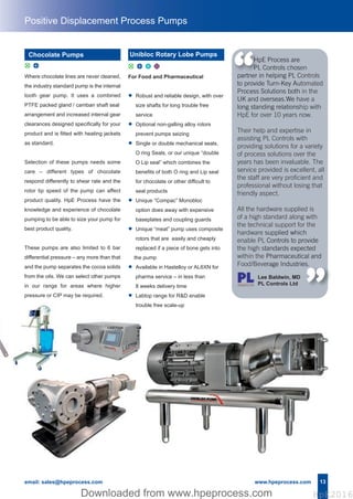 13
Positive Displacement Process Pumps
email: sales@hpeprocess.com www.hpeprocess.com
For Food and Pharmaceutical
• Robust and reliable design, with over
size shafts for long trouble free
service
• Optional non-galling alloy rotors
prevent pumps seizing
• Single or double mechanical seals,
O ring Seals, or our unique “double
O Lip seal” which combines the
benefits of both O ring and Lip seal
for chocolate or other difficult to
seal products
• Unique “Compac” Monobloc
option does away with expensive
baseplates and coupling guards
• Unique “meat” pump uses composite
rotors that are easily and cheaply
replaced if a piece of bone gets into
the pump
• Available in Hastelloy or AL6XN for
pharma service – in less than
8 weeks delivery time
• Labtop range for R&D enable
trouble free scale-up
Where chocolate lines are never cleaned,
the industry standard pump is the internal
tooth gear pump. It uses a combined
PTFE packed gland / camban shaft seal
arrangement and increased internal gear
clearances designed specifically for your
product and is fitted with heating jackets
as standard.
Selection of these pumps needs some
care – different types of chocolate
respond differently to shear rate and the
rotor tip speed of the pump can affect
product quality. HpE Process have the
knowledge and experience of chocolate
pumping to be able to size your pump for
best product quality.
These pumps are also limited to 6 bar
differential pressure – any more than that
and the pump separates the cocoa solids
from the oils. We can select other pumps
in our range for areas where higher
pressure or CIP may be required.
Chocolate Pumps
HpE Process are
PL Controls chosen
partner in helping PL Controls
to provide Turn-Key Automated
Process Solutions both in the
UK and overseas.We have a
long standing relationship with
HpE for over 10 years now.
Their help and expertise in
assisting PL Controls with
providing solutions for a variety
of process solutions over the
years has been invaluable. The
service provided is excellent, all
the staff are very proficient and
professional without losing that
friendly aspect.
All the hardware supplied is
of a high standard along with
the technical support for the
hardware supplied which
enable PL Controls to provide
the high standards expected
within the Pharmaceutical and
Food/Beverage Industries.
“
d u x C
Unibloc Rotary Lobe Pumps
Lee Baldwin, MD
PL Controls Ltd
“d u
Hpe Corporate Brochure 2016_HpE Corporate A4 Brochure_Layout 17/10/2016 15:32 Page 15
HpE2016Downloaded from www.hpeprocess.comDownloaded from www.hpeprocess.com HpE2016
 