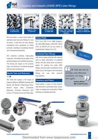 RJT 1” to 4”, IDF 1” to 4”, SMS (Aseptic),
3A, DIN11864 Aseptic, DIN11851 DN10
(0.5”) to DN150 (6”) (to suit metric or
imperial tube), Clamp 0.5” to 12”.
HpE stock a range of bends with matched
radii to allow fabrication of jacketed
bends. We also stock laser cut closure
plates for sealing line ends, BSP
fittings vents for water connections to the
jacket and a full range of de-mountable
fittings for use with press-fit
pipe-systems.
5
Hygienic and Aseptic (ASME BPE) tube fittings
We have been a major stock holder of
stainless steel tube and fittings for over
25 years, in that time we have always
maintained strict standards on these
products, meeting or exceeding national
and international standards.
Our products combine high-quality
materials, manufactured by state of the
art technologies and certified processes.
The tubing we supply is true process
tube, not exhaust or architectural grade
that has been polished up.
We hold and supply a full range of
hygienic fittings to BS4825 including, 90o
Bends, 45o Bends, Pulled Equal Tees,
Branch Equal Tees, Concentric
Reducers, Eccentric Reducers, RJT
Unions, Tri-Clamp Unions and Pipe clips.
Union Parts
Jacketed Pipe Fittings
Strainers and Filters
Angle pattern, Y type or In-line options,
with elements in perforated tube, woven
mesh, or wedge wire construction. Filters
with bag or cartridge elements.
email: sales@hpeprocess.com www.hpeprocess.com
At HpE we aim to
provide cost effective
solutions, for long
term gain.
Andrew Allman
MD at HpE Process
“ “
d u
Bends Tees and Reducers
Sanitary Tube
to ASTM-A270
Hygienic Tube
to EN10357
Pharma Tube
to ASME BPE
Bends / Tees / Reducers
to BS4825, DIN11852
ISO2852
Pharma / Biotech
Fittings to ASME BPE
Hpe Corporate Brochure 2016_HpE Corporate A4 Brochure_Layout 17/10/2016 15:31 Page 7
HpE2016Downloaded from www.hpeprocess.comDownloaded from www.hpeprocess.com HpE2016
 