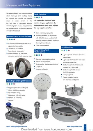 9
Manways and Tank Equipment
Our experts will select the right
machine for your application. Our
Versaline range is the most diverse
that any supplier can offer.
• Static and rotary sprayballs
• Indexing jet heads for large tanks
with difficult to clean products high
pressure low flow cleaners to reduce
cleaning time and costs
• Flush washing valves
• Rising or lowering plug options
• Manual or air operated
• Single seat or double seat mix-proof
• 1” up to 6”
• Hygienic or Aseptic
email: sales@hpeprocess.com www.hpeprocess.com
We are suppliers of high quality, stainless
steel manways and ancillary items
to industry. We provide the largest
range of access covers in the
UK and have a dedicated website
www.manyways.co.uk. Alongside this
we have an online e-commerce website
www.brewline.co.uk.
• Hygienic (Versaline) or flanged
• 50mm to 200mm diameter
• Up to 10 bar rating
• Halogen or LED light units
• Options on switching
• Wipers
• Light duty feet, stainless stem and
plastic base
• Light duty stainless stem and base
– optional rubber pad
• Medium duty feet with shrouded
threads for a clean look
• Medium duty feet to 3A and
EHEDG standards
• Heavy duty feet
• Plastic threaded inserts
and Stainless weld plates
• 0–10 bar pressure ranges with PED
approval where needed
• 150mm dia to 1000mm
• Round, oval, rectangular
• Glass manways up to 600mm
diameter - etched with customer logo
d u x C
Manways and Access Covers
d u x C
Tank Sight and Light Glasses
d u x C
Tank Cleaning
Flush Fitting Tank
Outlet Valves
d u x C
d u x C
Levelling Feet
Hpe Corporate Brochure 2016_HpE Corporate A4 Brochure_Layout 17/10/2016 15:32 Page 11
HpE2016Downloaded from www.hpeprocess.comDownloaded from www.hpeprocess.com HpE2016
 