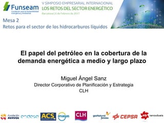 Miguel Ángel Sanz
Director Corporativo de Planificación y Estrategia
CLH
El papel del petróleo en la cobertura de la
demanda energética a medio y largo plazo
Mesa 2
Retos para el sector de los hidrocarburos líquidos
 