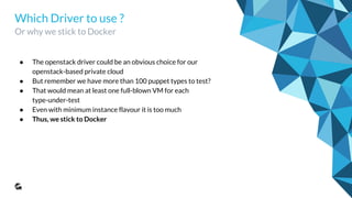 Which Driver to use ?
Or why we stick to Docker
● The openstack driver could be an obvious choice for our
openstack-based private cloud
● But remember we have more than 100 puppet types to test?
● That would mean at least one full-blown VM for each
type-under-test
● Even with minimum instance flavour it is too much
● Thus, we stick to Docker
 