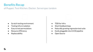 What Could be Done Better
If we would start from scratch
● More modular Puppet, less interdependencies
● More investment into unit tests, see rspec-puppet
● Reduction of number of puppet types with Roles & Profiles
pattern
 