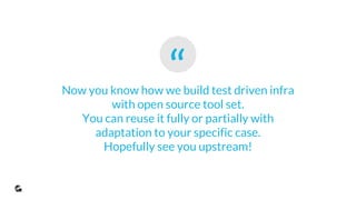 Benefits Recap
of Puppet, Test Kitchen, Docker, Serverspec tandem
● Scratch testing environment
● Testing infra in isolation
● Easy to test permutations
● Resource Efficiency
● Replaceability
● TDD for Infra
● Short feedback loop
● Naturally growing regression test suite
● Easily pluggable into CI/CD pipeline
● Open Source
 