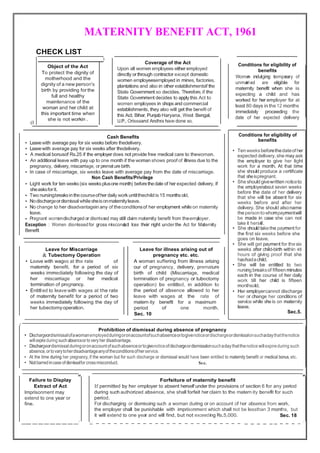 MATERNITY BENEFIT ACT, 1961
CHECK LIST
)
Coverage of the Act
Upon all women employees either employed
directly or through contractor except domestic
women employeesemployed in mines, factories,
plantations and also in other establishmentsif the
State Government so decides. Therefore, if the
State Government decides to apply this Act to
women employees in shops and commercial
establishments, they also will get the benefit of
this Act. Bihar, Punjab Haryana, West Bengal,
U.P.. Orissaand Andhra have done so.
Conditions for eligibility of
benefits
Women indulging temporary of
unmarri ed are eligible for
maternity benefit when she is
expecting a child and has
worked for her employer for at
least 80 days in the12 months
immediately proceeding the
date of her expected delivery
(l
Cash Benefits
Leavewith average pay for six weeks before thedelivery.
Leavewith average pay for six weeks after thedelivery.
A medical bonusof Rs.25 if the employerdoes not provide free medical care to thewoman.
An additional leave with pay up to one month if the woman shows proof of illness due to the
pregnancy, delivery, miscarriage, or premat ure birth.
In case of miscarriage, six weeks leave with average pay from the date of miscarriage.
Non Cash Benefits/Privilege
Light work for ten weeks(six weeksplusone month) beforethedate of her expected delivery, if
sheasksforit.
Two nursingbreaksin thecourseofher daily work untilthechild is 15 monthsold.
Nodischargeordismissal whilesheisonmaternityleave.
No change to her disadvantagein any of theconditionsof her employment while on maternity
leave.
Pregnant womendischarged or dismissed may still claim maternity benefit from theemployer.
•
•
•
•
•
•
•
•
•
•
Exception : Women dismissed for gross misconduct lose their right under the Act for Maternity
Benefit
Leave for Miscarriage
& Tubectomy Operation
• Leave with wages at the rate
maternity benefit, for a period of
Leave for illness arising out of
pregnancy etc. etc.
A woman suffering from illness arising
our of pregnancy, delivery, premature
birth of child (Miscarriage, medical
termination of pregnancy or tubectomy
operation) be entitled, in addition to
the period of absence allowed to her
leave with wages at the rate of
matern ity benefit for a maximum
of
six
weeks immediately following the day of
her miscarriage or her medical
termination of pregnancy.
• Entitled to leave with wages at the rate
of maternity benefit for a period of two
weeks immediately following the day of
her tubectomyoperation. period
Sec. 10
of one month.
r
Prohibition of dismissal during absence of pregnancy
Dischargeordismissalofawomanemployedduringoronaccountofsuchabsenceortogivenoticeordischargeordismissalonsuchadaythatthenotice
willexprieduring such absenceortoveryher disadvantage.
Dischargeordismissalduringoronaccountofsuchabsenceortogivenoticeofdischargeordismissalonsuchadaythatthenotice willexpireduring such
absence,ortovarytoherdisadvantageanyoftheconditionsofherservice.
At the time during her pregnancy, if the woman but for such discharge or dismissal would have been entitled to maternity benefit or medical bonus,etc.
•
•
•
• Not barredincase ofdismissalfor crossmisconduct. Sec.
" "Failure to Display
Extract of Act
Imprisonment may
extend to one year or
fine.
Forfeiture of maternity benefit
If permitted by her employer to absent herself under the provisions of section 6 for any period
during such authorized absence, she shall forfeit her claim to the matern ity benefit for such
period.
For discharging or dismissing such a woman during or on account of her absence from work,
the employer shall be punishable with imprisonment which shall not be lessthan 3 months, but
it
_
wi
_
ll e
_
xte
_
nd
_
to
_
on
_
e
_
yea
_
r a
_
nd
_
w
_
ill f
_
ind
_
, b
_
ut
_
no
_
t e
_
xce
_
ed
_
ing
_
Rs
_
.5
_
,00
_
0.
_
S
_
e
_
c. 1
_
8
___ ______ __ ..._. _ _ _ _ _ _./ ./
Conditions for eligibility of
benefits
• Ten weeksbeforethedateofher
expected delivery,she may ask
the employer to give her light
work for a month. At that time
she should produce a certificate
that sheispregnant.
• She should givewritten noticeto
the employerabout seven weeks
before the date of her delivery
that she will be absent for six
weeks before and after her
delivery. She should alsoname
the persontowhompaymentwill
be made in case she can not
take it herself.
• She should takethe payment for
the first six weeks before she
goes on leave.
• She will get payment for the six
weeks after child-birth within 48
hours of giving proof that she
hashadachild.
• She will be entitled to two
nursing breaksof fifteen minutes
each in the course of her daily
work till her child is fifteen
monthsold.
• Her employercannot discharge
her or change her conditions of
service while she is on maternity
leave.
Sec.5.
Object of the Act
To protect the dignity of
motherhood and the
dignity of a new person's
birth by providing for the
full and healthy
maintenance of the
woman and her child at
this important time when
she is not workin .
 