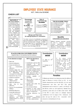 EMPLOYEES' STATE INSURANCE
ACT, 1948 & the SCHEME
CHECK LIST
rrl )
Applicability of
the Act & Scheme
Is extended in area-
wiseto factories using
power and employing
10 or more persons
and to non-power
using manufacturing
units and establish-
ments employing 20
or more person upto
Rs.7500/ - per month
THE ESI SCHEME TODAY
No. of implementedCentres
No. of Employerscovered
No. of Insured Persons
No. of Beneficiaries
No.of RegionalOffices/SRO's
No. of ESI Hospitals/Annexes
No. of ESI Dispensaries
No. of Panel Clinics
677
2.38 lacs
85 lacs
330 lacs
26
183
1453
2950
w.e.f. 1.4.2004. It
has alsobeen extend-
ed upon shops,
hotels, restaurants,
roads motor transport
undertakings, equip-
ment maintenance
staff in the hospitals.
8
Penalties
D ifferent pun ishment have been prescribed for different
types of offences in terms of Sect ion 85: (I) (six
months imprisonment and fine Rs.5000), (ii) (one year
imprisonment and fine), and 85-A: (five years
imprisonment and not less to 2 years) and 85-((2) of
the ESI Act, which are self explanatory. Besides these
provisions, action also can be taken under section 406
of the IPC in cases where an employer deducts
contributions from the wages of his employees but
does not pay the same to the corporation which
amounts to criminal breach of t rust.
NOT to be deemed as
wages
• Contribution paid by kthe
employer to any
pension/provident fund or
under ESIAct.
• Sum paid to defray special
expenses entailed by the
nature of employment -
Daily allowance paid for
the period spent on tour.
• Gratuity payable on
discharge.
• Pay in lieu of notice of
retrenchment
compensation
• Benefits paid under the
ESI Scheme.
• Encashment of leave
• Payment of Inam which
does not form part of the
terms of employment.
• Washing allowance for
livery
• Conveyance Amount
towards reimbursement
for duty related journey
To be deemed as wages
• Basic pay
• Dearness allowance
• House rent allowance
• City compensatory
allowance
• Overtime wages (but not
to be taken into account
for determining the
coverage of an employee)
• Payment for day of rest
• Product ion incentive
• Bonus other than
statuto ry bonus
• Night shift allowance
• Heat, Gas & Dust
allowance
• Paymen t for unsubstituted
holidays
• Meal/food allowance
• Suspension allowance
• Lay off compensation
• Children education
allowance (not being
reimbursement for actual
tuition fee)
Contribution
period
If the person jo ined
insu rance employment for
the first time, say on 5
th
January, his first
contribution period will be
from 5th January to 31st
March and his
corresponding first benefit
will be from 5th October to
31st
December.
Contribution
period
1st April to 30
th
September.
1st
October to 31s t
March
WAGES FOR ESI CONTRIBUTIONS
Registers/files to be maintained by the employers
Benefits
To the emQIOJ'.ees under the Act
Medical, sickness, extended sickness
for certa in diseases, enhanced
sickness, dependents maternity,
besides funeral expenses, rehabilitation
allowance, medical benefit to insured
person and his or her spouse.
Manner and Time Limit
for making Payment of contribution
T he tota l amount of contribution (employee's
share and employer's share) is to be deposited
with the authorised bank through a challan in
the prescri bed form in quadruplicate on ore
befo re 21st of month following the calendar
month in which the wages fall due.
Coverage
of emQIOJ'.ees
Drawing wages
upto
Rs.10,000 / - per
month
engaged either
directly or thru'
contractor
r,
Rate of
Contribution of
the wages
Employers' 4.75%
Employees' 1.75%
 