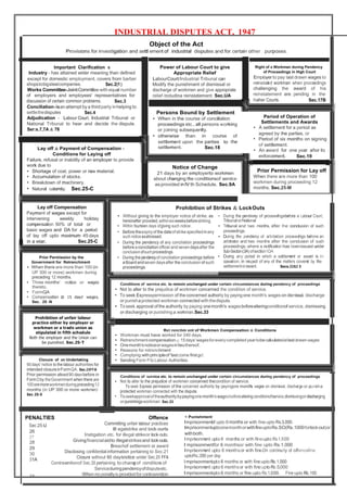 INDUSTRIAL DISPUTES ACT, 1947
Object of the Act
Provisions for investigation and settl ement of industrial disputes and for certain other purposes.
Important Clarification s
Industry - has attained wider meaning than defined
except for domestic employment, covers from barber
shopstobigsteelcompanies. Sec.2(1)
Works Committee-JointCommtiteewith equal number
of employers and employees' representatives for
hiaher Courts. Sec.17Bdiscussion of certain common problems. Sec.3
Conciliation-isanattempt bya third party inhelping to
settlethedisputes Sec.4 Persons Bound by Settlement
When in the course of conciliation
proceedings etc., all persons working
or joining subsequenlty.
Period of Operation of
Settlements and Awards
A settlement for a period as
agreed by the parties, or
Period of six months on signing
of settlement.
An award for one year after its
Adjudication - Labour Court, Industrial Tribunal or •
National Tribunal to hear and decide the dispute.
Ser:s.7,7A & 78 •
• otherwise than in course of
the
•
settlement upon
settlement.
the parties
Sec.18
to
Lay off & Payment of Compensation -
Conditions for Laying off
Failure, refusal or inability of an employer to provide
work due to
•
enforcement. Sec.19
Notice of Change
21 days by an employerto workmen
about changing the conditionsof service
asprovided in IV th Schedule. Sec.9A
Prior Permission for Lay off
When there are more than 100
workmen during proceeding 12
months. Sec.25-M
•
•
•
•
Shortage of coal, power or raw material.
Accumulation of stocks.
Breakdown of machinery.
Natural calamity. Sec.25-C
Prohibition of Strikes & LockOutsLay off Compensation
Payment of wages except for
intervening weekly holiday
compensaiton 50% of total or
basic wages and DA for a period
of lay off upto maximum 45 days
Sec.25-C
• Without giving to the employer notice of strike, as
hereinafter provided,withinsixweeksbeforestriking.
Within fourteen days ofgiving such notice.
Before theexpiryof the dateof strike specifiedinany
such noticeasaforesaid.
During the pendency of any conciliation proceedings
before a conciliationofficer and seven daysafter the
conclusion ofsuchproceedings.
During thependencyof conciliation proceedings before
aBoard andseven daysafter the conclusion of such
proceedings.
• During the pendency of proceedingsbefore a Labour Court,
TribunalorNational
Tribunal and two months, after the conclusion of such
proceedings.
During the pendency of arbitration proceedings before an
arbitrator and two months after the conclusion of such
proceedings, where a notification has beenissued under
5ub-Sectoin(3A)ofsectionlOA
Duirng any period in which a settlement or award is in
operation, in respect of any of the matters covered by the
•
•
•
•
•
•Prior Permission by the
Government for Retrenchment
When there are more than 100 (in
UP 300 or more) workmen during
preceding 12 months.
•
settlementoraward. Secs.22&2 3•
• Three months'
thereto.
FormQA
Compensation
Sec. 25 -N
notice or Conditions of service etc. to remain unchanged under certain circumstances during pendency of proceedings
Not to alter to the prejudice of workmen concerned the condition of service.
To seek Expresspermission of the concerned authority by payingone month's wages on dismissal, discharge
or punishaprotected workman connected with thedispute.
To seek approval ofthe authority by paying onemonth's wagesbeforealteringconditionof service, dismissing
or discharging or punishing a workman.Sec.33
•
•
•
•
•
Ret renchm ent of Workmen Compensation & Conditions
Workman must have worked for 240 days.
Retrenchment compensation@ 15days'wagesforeverycompletedyeartobecalculatedatlastdrawn wages
Onemonth'snoticeorwagesinlieuthereof.
Reasons for retrenchment
Complying withprincipleof 'last come firstgo'.
Sending Form Pto Labour Authorities.
•
•
•
•
•
•Closure of an Undertaking
60days' notice to the labour authorities for
intended closureinFormQA. Sec.25FFA
Prior permission atleast90 daysbefore in
FormOby theGovernment when there are
100oremoreworkmenduringpreceding12
months (in UP 300 or more workmen)
5ec.25-0
Conditions of service etc. to remain unchanged under certain circumstances during pendency of proceedings
Not to alter to the prejudice of workmen concerned thecondition of service.
To seek Express permission of the concerned authority by payingone month's wages on dismissal, discharge or punsi ha
protected workman connected with the dispute.
Toseekapprovaloftheauthoritybypayingonemonth'swagesbeforealteringconditionofservice,dismissingordischarging
orpunishingaworkman. Sec.33
•
•
PENALTIES
Sec.25-U
26
27
28
29
30
Offence
Committing unfair labour practices
Ill egalstrike and lock-ourts
Instigation etc. for illegal strikeor lock-outs.
Givingfinancialaidto illegalstrikesand lock-outs.
Breachof settlement or award
Disclosing confidential information pertaining to Sec.21
Closure without 60 days' notice under Sec.25 FFA
< Punishment
Imprisonmenot f upto 6 months or with fine upto Rs.3,000.
ImprisonmentuptoonemonthorwithfineuptoRs.SO(Rs.1000forlock-out)or
withboth.
Imprisonment upto 6 months or with fineupto Rs.1,000
I mprisonmentfor 6 monthsor with fine upto Rs.1,000
Imprisonment upto 6 monthsor with fine.On continuity of offencefine
uptoRs.200 per day
I mprisonmenut pto 6 months or with fineupto Rs.1,000
Imprisonment upto 6 monthsor with fineupto Rs.5,000
I mprisonmenut pto 6 months or fine upto Rs.1,000. Fine upto Rs.100
31A
Contraventionof Sec.33 pertaining to changeof conditions of
Serviceduringpendencyofdisputeetc.
When nopenallyisprovidedforcontravention31
Power of Labour Court to give
Appropriate Relief
LabourCourt/Industrial Tribunal can
Modify the punishment of dismissal or
discharge of workmen and give appropriate
relief includina reinstatement. Sec.UA
Right of a Workman during Pendency
of Proceedings in High Court
Employerto pay last drawn wages to
reinstaet d workman when proceedings
challenging the award of his
reinstatement are pending in the
 