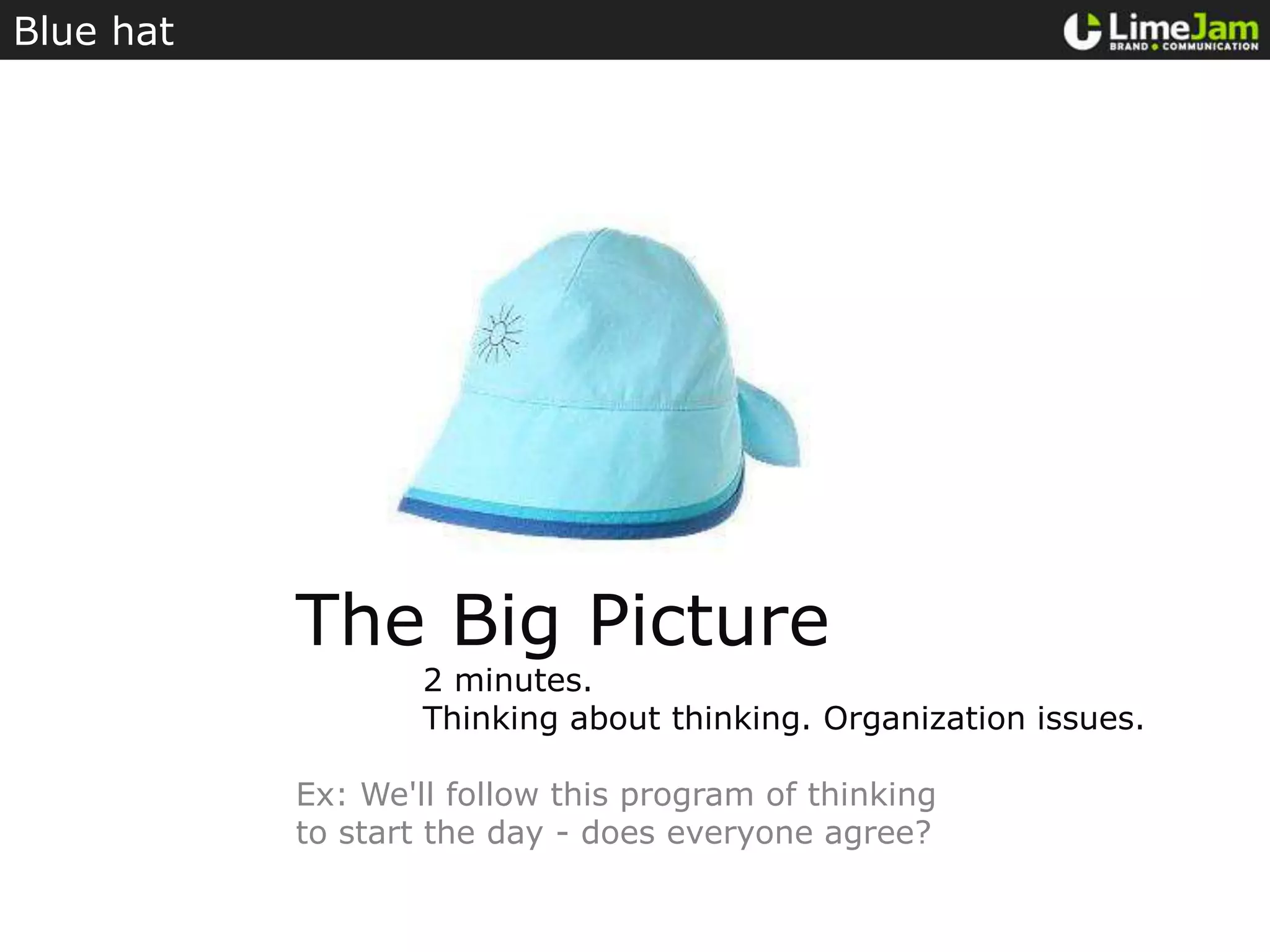 Blue hatThe Big Picture	2 minutes.Thinking about thinking. Organization issues.Ex: We'll follow this program of thinkingto start the day - does everyone agree?