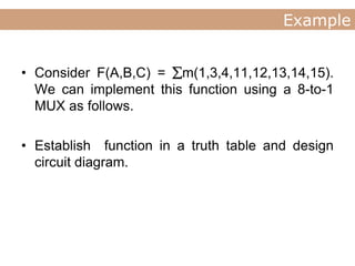 Lecture
Example
• Consider F(A,B,C) = m(1,3,4,11,12,13,14,15).
We can implement this function using a 8-to-1
MUX as follows.
• Establish function in a truth table and design
circuit diagram.
 