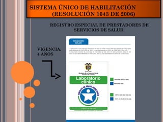 SISTEMA ÚNICO DE HABILITACIÓN
      (RESOLUCIÓN 1043 DE 2006)
      REGISTRO ESPECIAL DE PRESTADORES DE
              SERVICIOS DE SALUD.



  VIGENCIA:
  4 AÑOS
 