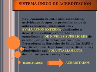 SISTEMA ÚNICO DE ACREDITACIÓN



 Es el conjunto de entidades, estándares,
 actividades de apoyo y procedimientos de
 auto evaluación, mejoramiento y
 EVALUACIÓN EXTERNA, destinados a
 demostrar, evaluar y comprobar el
 cumplimiento DE NIVELES SUPERIORES de
 calidad por parte de las Instituciones
 Prestadoras de Servicios de Salud, las EAPB y
 las Direcciones Departamentales, Distritales y
 Municipales que VOLUNTARIAMENTE
 decidan acogerse a este proceso.

 HABILITADOS                ACREDITADOS
 
