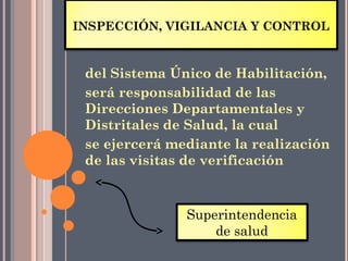 INSPECCIÓN, VIGILANCIA Y CONTROL


 del Sistema Único de Habilitación,
 será responsabilidad de las
 Direcciones Departamentales y
 Distritales de Salud, la cual
 se ejercerá mediante la realización
 de las visitas de verificación



               Superintendencia
                   de salud
 