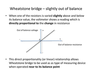 Wheatstone bridge – slightly out of balance When one of the resistors is varied  slightly  above and below its balance value, the voltmeter shows a reading which is  directly proportional to  the  change  in resistance This direct proportionality (or linear) relationship allows Wheatstone bridge to be used as as type of measuring device when operated  near to its balance point Out of balance voltage Out of balance resistance + + - - 0 