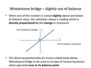 Wheatstone bridge – slightly out of balance
• When one of the resistors is varied slightly above and below
its balance value, the voltmeter shows a reading which is
directly proportional to the change in resistance
• This direct proportionality (or linear) relationship allows
Wheatstone bridge to be used as as type of measuring device
when operated near to its balance point
Out of balance voltage
Out of balance resistance
+
+
-
-
0
 
