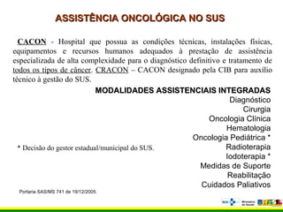 ASSISTÊNCIA ONCOLÓGICA NO SUSASSISTÊNCIA ONCOLÓGICA NO SUS
CACON - Hospital que possua as condições técnicas, instalações físicas,
equipamentos e recursos humanos adequados à prestação de assistência
especializada de alta complexidade para o diagnóstico definitivo e tratamento de
todos os tipos de câncer. CRACON – CACON designado pela CIB para auxílio
técnico à gestão do SUS.
MODALIDADES ASSISTENCIAIS INTEGRADASMODALIDADES ASSISTENCIAIS INTEGRADAS
Diagnóstico
Cirurgia
Oncologia Clínica
Hematologia
Oncologia Pediátrica *
Radioterapia
Iodoterapia *
Medidas de Suporte
Reabilitação
Cuidados Paliativos
* Decisão do gestor estadual/municipal do SUS.
Portaria SAS/MS 741 de 19/12/2005.
 