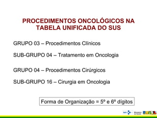 PROCEDIMENTOS ONCOLÓGICOS NA
TABELA UNIFICADA DO SUS
GRUPO 03 – Procedimentos Clínicos
SUB-GRUPO 04 – Tratamento em Oncologia
GRUPO 04 – Procedimentos Cirúrgicos
SUB-GRUPO 16 – Cirurgia em Oncologia
Forma de Organização = 5º e 6º dígitos
 