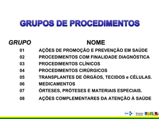 GRUPOGRUPO NOMENOME
01 AÇÕES DE PROMOÇÃO E PREVENÇÃO EM SAÚDE
02 PROCEDIMENTOS COM FINALIDADE DIAGNÓSTICA
03 PROCEDIMENTOS CLÍNICOS
04 PROCEDIMENTOS CIRÚRGICOS
05 TRANSPLANTES DE ÓRGÃOS, TECIDOS e CÉLULAS.
06 MEDICAMENTOS
07 ÓRTESES, PRÓTESES E MATERIAIS ESPECIAIS.
08 AÇÕES COMPLEMENTARES DA ATENÇÃO À SAÚDE
 