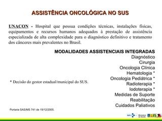ASSISTÊNCIA ONCOLÓGICA NO SUSASSISTÊNCIA ONCOLÓGICA NO SUS
UNACON - Hospital que possua condições técnicas, instalações físicas,
equipamentos e recursos humanos adequados à prestação de assistência
especializada de alta complexidade para o diagnóstico definitivo e tratamento
dos cânceres mais prevalentes no Brasil.
MODALIDADES ASSISTENCIAIS INTEGRADASMODALIDADES ASSISTENCIAIS INTEGRADAS
Diagnóstico
Cirurgia
Oncologia Clínica
Hematologia *
Oncologia Pediátrica *
Radioterapia *
Iodoterapia *
Medidas de Suporte
Reabilitação
Cuidados Paliativos
* Decisão do gestor estadual/municipal do SUS..
Portaria SAS/MS 741 de 19/12/2005.
 