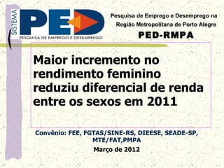 Pesquisa de Emprego e Desemprego na
                       Região Metropolitana de Porto Alegre

                              PED-RMPA


Maior incremento no
rendimento feminino
reduziu diferencial de renda
entre os sexos em 2011

Convênio: FEE, FGTAS/SINE-RS, DIEESE, SEADE-SP,
                 MTE/FAT,PMPA
                Março de 2012
 