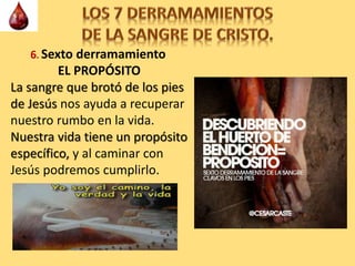 6. Sexto derramamiento
EL PROPÓSITO
La sangre que brotó de los pies
de Jesús nos ayuda a recuperar
nuestro rumbo en la vida.
Nuestra vida tiene un propósito
específico, y al caminar con
Jesús podremos cumplirlo.
 