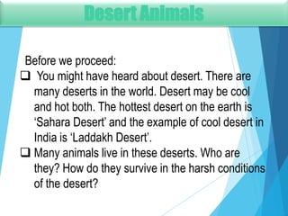 Desert Animals
Before we proceed:
 You might have heard about desert. There are
many deserts in the world. Desert may be cool
and hot both. The hottest desert on the earth is
‘Sahara Desert’ and the example of cool desert in
India is ‘Laddakh Desert’.
 Many animals live in these deserts. Who are
they? How do they survive in the harsh conditions
of the desert?

 