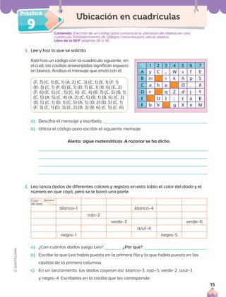 9
1. Lee y haz lo que se solicita.
Itzel hizo un código con la cuadrícula siguiente, en
el cual, las casillas anaranjadas significan espacio
en blanco. Analiza el mensaje que envió con él.
(F, 7) (C, 1) (E, 1) (A, 2) (C, 3) (C, 1) (E, 1) (F, 1)
(B, 3) (C, 1) (F, 6) (E, 1) (D, 7) (E, 1) (B, 6) (E, 2)
(F, 6) (E, 5) (C , 5) (C, 6) (C, 4) (B, 7) (C, 5) (B, 1)
(C, 5) (A, 5) (C, 4) (A, 2) (C, 5) (B, 1) (B, 6) (C, 3)
(B, 5) (C, 1) (D, 1) (C, 5) (A, 5) (D, 2) (D, 5) (C, 1)
(F, 3) (C, 1) (D, 3) (E, 2) (B, 3) (B, 6) (C, 5) (C, 6)
a) Descifra el mensaje y escríbelo.
b) Utiliza el código para escribir el siguiente mensaje:
Alerta: sigue matemáticas. A razonar se ha dicho.
2. Leo lanza dados de diferentes colores y registra en esta tabla el color del dado y el
número en que cayó, pero se le borró una parte.
blanco-1 blanco-4
rojo-2
verde-3 verde-6
azul-4
negro-1 negro-5
a) ¿Con cuántos dados juega Leo? ¿Por qué?
b) Escribe lo que Leo había puesto en la primera fila y lo que había puesto en las
casillas de la primera columna.
c) En un lanzamiento, los dados cayeron así: blanco-3, rojo-5, verde-2, azul-3
y negro-4. Escríbelos en la casilla que les corresponde.
Ubicación en cuadrículas
Contenido: Elección de un código para comunicar la ubicación de objetos en una
cuadrícula. Establecimiento de códigos comunes para ubicar objetos.
Libro de la SEP: páginas 26 a 30
Número
Color
del dado
15
 