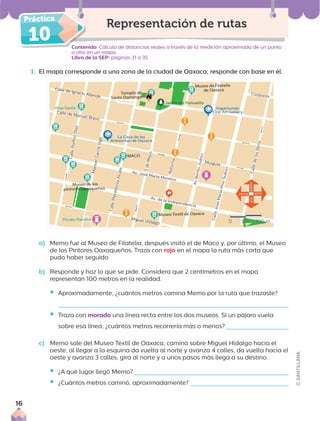 10
C
a
ll
e
M
a
c
e
d
o
n
ia
A
lc
a
la
C
a
ll
e
J
o
s
é
M
a
r
ía
P
in
o
S
u
á
r
e
z
C
a
ll
e
d
e
lo
s
li
b
r
o
s
5
d
e
M
a
y
o
R
e
f
o
r
m
a
A
v
B
e
n
it
o
J
u
á
r
e
z
Calle de Manuel Bravo
Av. José María Morelos
Av. de la Independencia
Miguel Hidalgo
Murguia
Cosijoeza
Calle de Ignacio Allende
M
a
n
u
e
l
G
a
r
c
ía
V
ig
il
M
M
M
M
M
M
M
M
M
M
Templo de
Santo Domingo
Museo de Filatelia
de Oaxaca
Museo de los
pintores Oaxaqueños
Museo Textil de Oaxaca
MACO
Vagamundo
Fine Art Gallery
La Casa de las
Artesanías de Oaxaca
Hoja Santa
Zócalo Oaxaca
Jardín del Pañuelito
NORTE
SUR
ESTE
OESTE
Contenido: Cálculo de distancias reales a través de la medición aproximada de un punto
a otro en un mapa.
Libro de la SEP: páginas 31 a 35
1. El mapa corresponde a una zona de la ciudad de Oaxaca; responde con base en él.
Representación de rutas
a) Memo fue al Museo de Filatelia, después visitó el de Maco y, por último, el Museo
de los Pintores Oaxaqueños. Traza con rojo en el mapa la ruta más corta que
pudo haber seguido.
b) Responde y haz lo que se pide. Considera que 2 centímetros en el mapa
representan 100 metros en la realidad.
ƒ Aproximadamente, ¿cuántos metros camina Memo por la ruta que trazaste?
ƒ Traza con morado una línea recta entre los dos museos. Si un pájaro vuela
sobre esa línea, ¿cuántos metros recorrería más o menos?
c) Memo sale del Museo Textil de Oaxaca, camina sobre Miguel Hidalgo hacia el
oeste, al llegar a la esquina da vuelta al norte y avanza 4 calles, da vuelta hacia el
oeste y avanza 3 calles, gira al norte y a unos pasos más llega a su destino.
ƒ ¿A qué lugar llegó Memo?
ƒ ¿Cuántos metros caminó, aproximadamente?
0 50 100 m
16
 