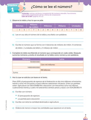 1
¿Cómo se lee el número?
Contenido: Lectura, escritura y comparación de números naturales, fraccionarios
y decimales. Explicitación de los criterios de comparación.
Libro de la SEP: páginas 10 a 12
1. Observa la tabla y haz lo que se pide.
Billones
Millares
de millón
Millones Millares Unidades
3 5 1 7 5 2 9 4 3 2 5 1 5 8
a) Lee en voz alta el número de la tabla y escríbelo con palabras.
b) Escribe el número que se forma con 4 decenas de millares de millón, 9 centenas
de billón, 2 unidades de billón y 3 millares de millón.
2. Completa la tabla escribiendo el número que corresponde en cada celda. Después
suma los números y anota el resultado en la tabla como número y con palabras.
Número Letra
10000000
Cien mil millones
1000000000
Mil billones
Suma:
3. Haz lo que se solicita con base en el texto.
Para 2019, el presupuesto de egresos de la federación es de cinco billones ochocientos
treinta y ocho mil cincuenta y nueve millones setecientos mil pesos. Entre sus partidas
están: agricultura con $65434880164, educación con trescientos ocho mil millones
cuatrocientos treinta y cuatro mil setecientos veintiún pesos y salud, con $124266865111.
a) Escribe con número:
ƒ El presupuesto de egresos:
ƒ La partida para educación:
b) Escribe con letra la cantidad destinada a agricultura:
c) Ordena de menor a mayor las cantidades que aparecen en el texto.
7
 