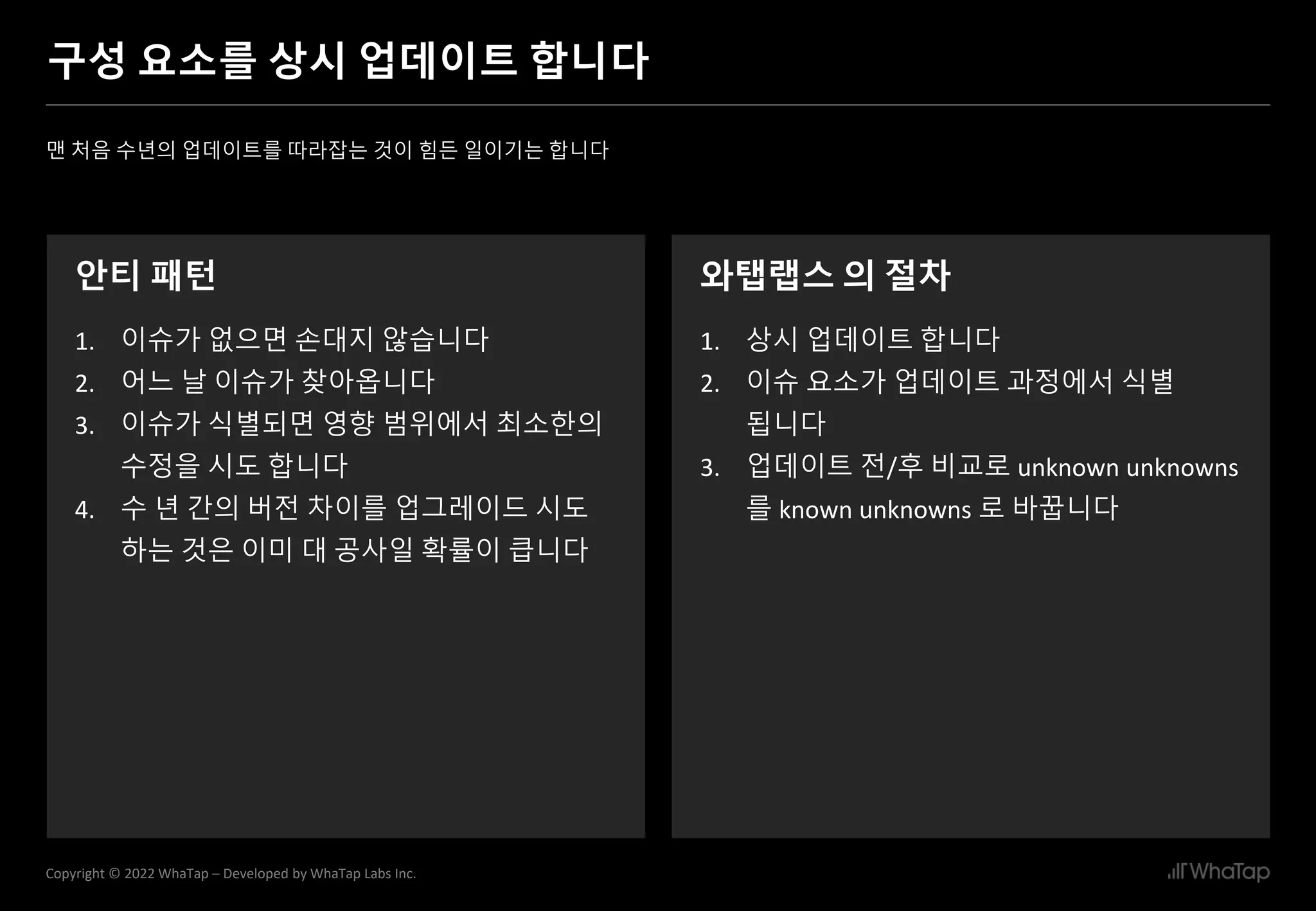 17
Copyright © 2022 WhaTap – Developed by WhaTap Labs Inc.
구성 요소를 상시 업데이트 합니다
맨 처음 수년의 업데이트를 따라잡는 것이 힘든 일이기는 합니다
안티 패턴
1. 이슈가 없으면 손대지 않습니다
2. 어느 날 이슈가 찾아옵니다
3. 이슈가 식별되면 영향 범위에서 최소한의
수정을 시도 합니다
4. 수 년 간의 버전 차이를 업그레이드 시도
하는 것은 이미 대 공사일 확률이 큽니다
와탭랩스 의 절차
1. 상시 업데이트 합니다
2. 이슈 요소가 업데이트 과정에서 식별
됩니다
3. 업데이트 전/후 비교로 unknown unknowns
를 known unknowns 로 바꿉니다
 