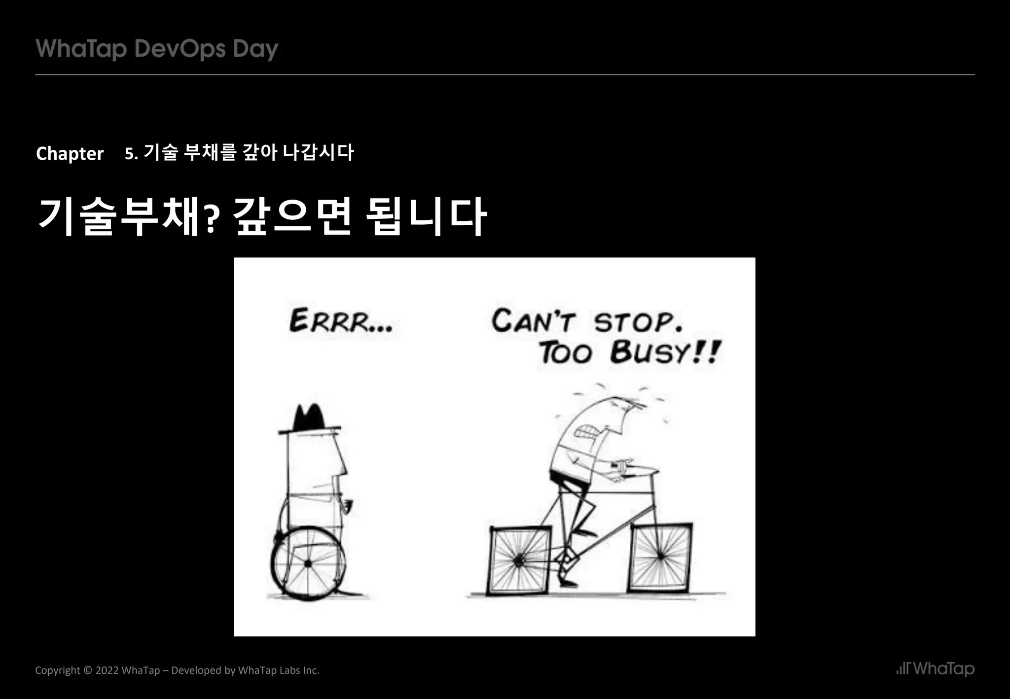 Chapter
32
Copyright © 2022 WhaTap – Developed by WhaTap Labs Inc.
5. 기술 부채를 갚아 나갑시다
기술부채? 갚으면 됩니다
 